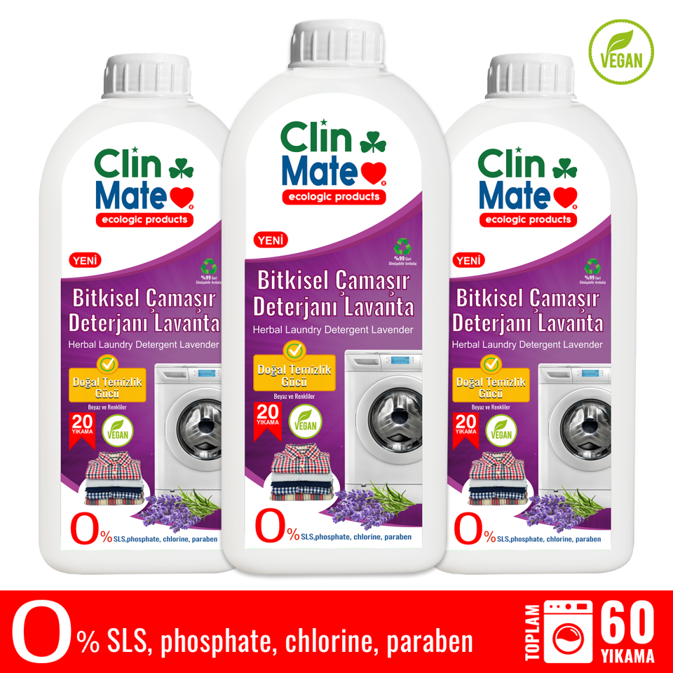 3 lü Set Clinmate Ekolojik Bitkisel Çamaşır Deterjanı 750 ml Lavanta 60 yıkama
