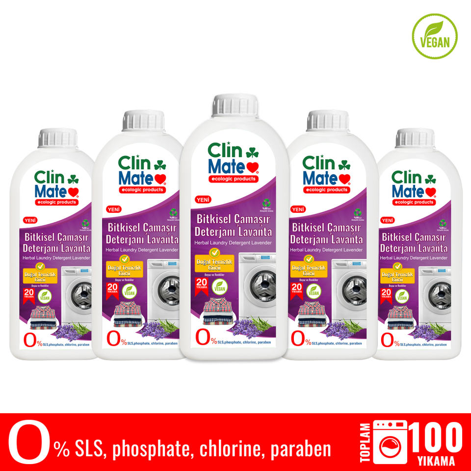 5'li Set Clinmate Ekolojik Bitkisel Çamaşır Deterjanı 750 ml Lavanta 100 yıkama