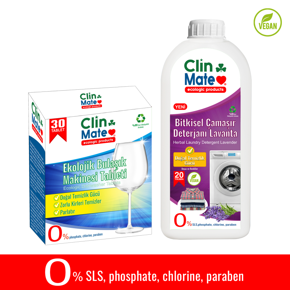 2'li set Ekolojik Bulaşık Tableti 30 Yk ve Bitkisel Çamaşır Deterjanı Lavanta 750 ml 20 Yk