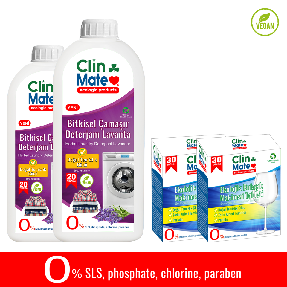 4'lü Set Bitkisel Çamaşır Deterjanı Lavanta 750 ml x2adet - Ekolojik Bulaşık Tableti 30 yk x2 adet