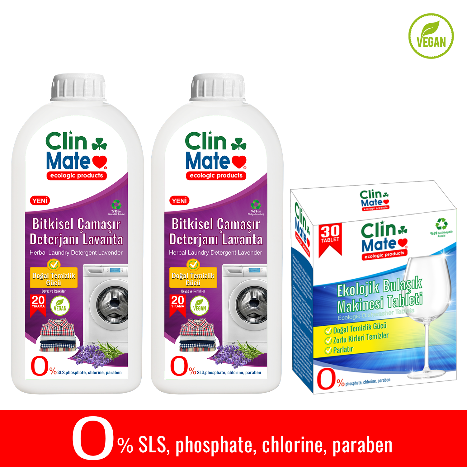 3'lü Set Bitkisel Çamaşır Deterjanı Lavanta 750 ml x2adet - Ekolojik Bulaşık Tableti 30 yk