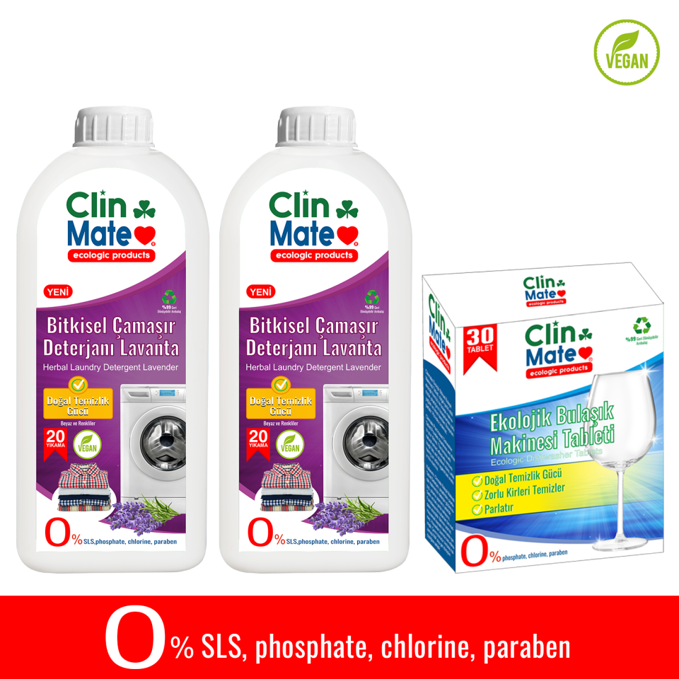 3'lü Set Bitkisel Çamaşır Deterjanı Lavanta 750 ml x2adet - Ekolojik Bulaşık Tableti 30 yk