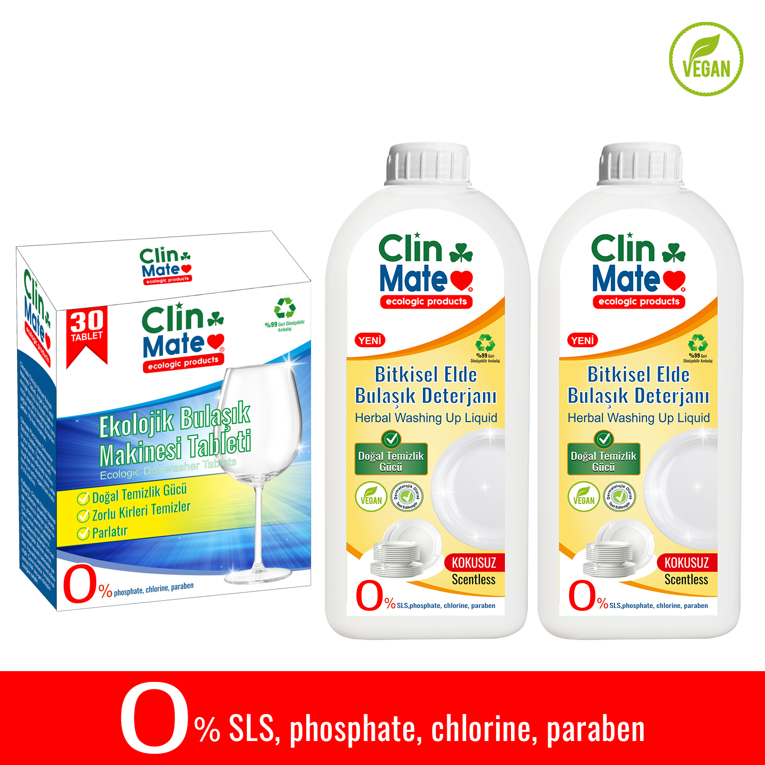 3'lü Set Ekolojik Bulaşık Tableti 30 yk + Bitkisel Elde Bulaşık Deterjanı KOKUSUZ 750 ml 2 adet