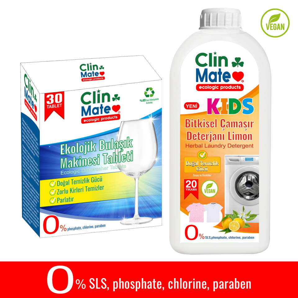 2'li Set Ekolojik Bulaşık Tableti 30 Yk - Bitkisel ÇOCUK Çamaşır Deterjanı 750 ml 20 Yk