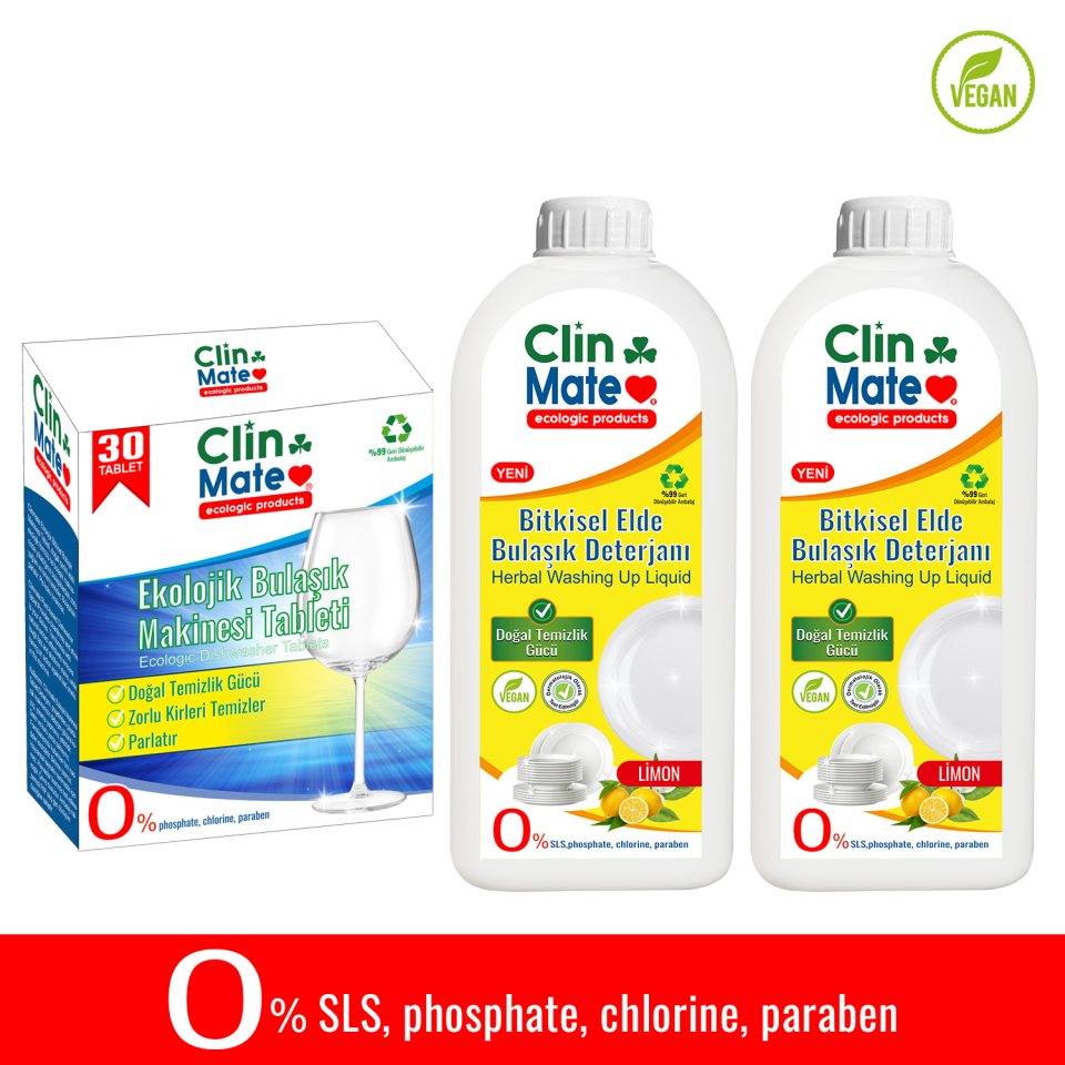 3'lü Set Ekolojik Bulaşık Tableti 30 yk + Bitkisel Elde Bulaşık Deterjanı Limon 750 ml 2 Adet