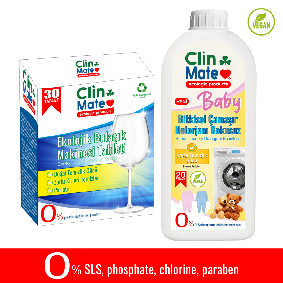 2'li Set Ekolojik Bulaşık Tableti 30lu Bitkisel Bebek Çamaşır Deterjanı 750 ml 20 Yk