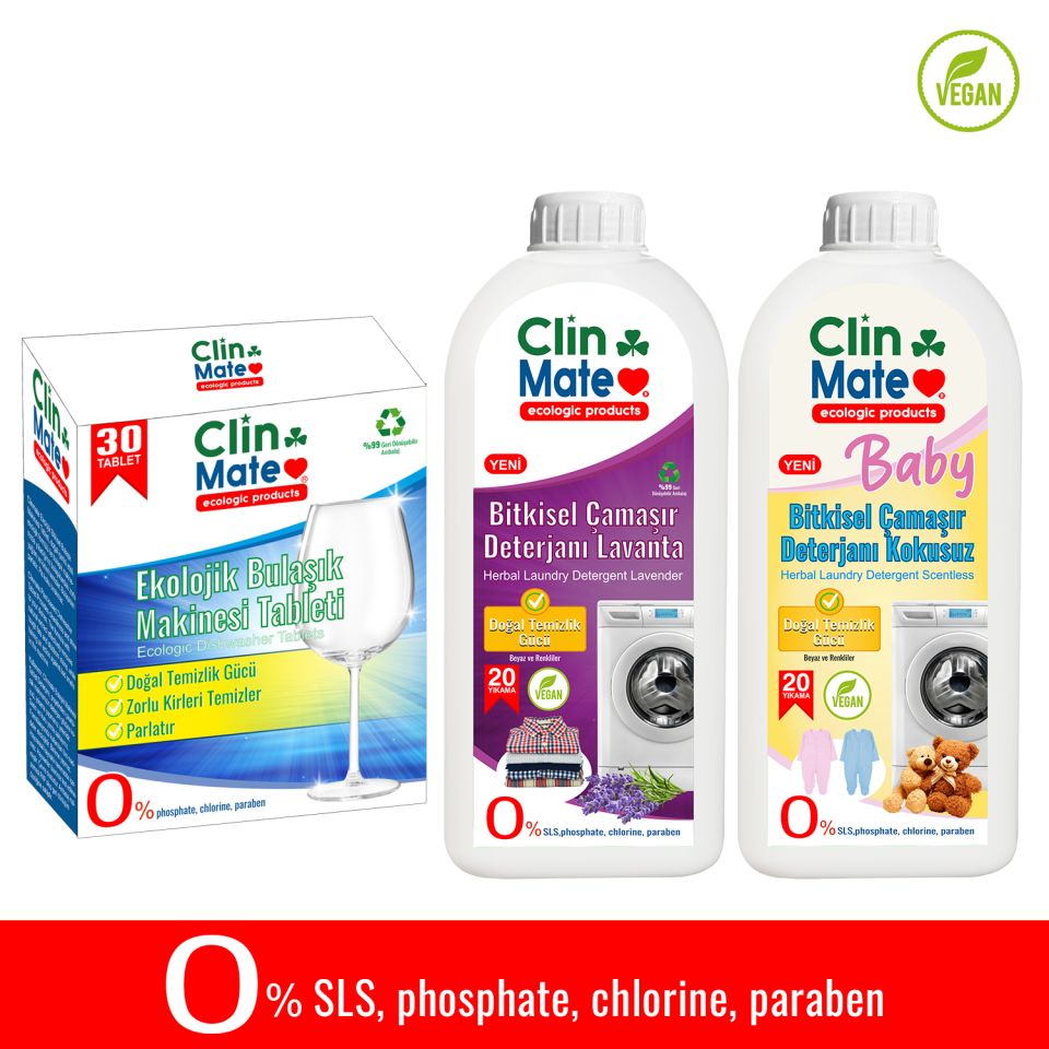 3'li Set Ekolojik Bulaşık Tableti 30 Yk - LAVANTA Çamaşır Deterjanı -Bitkisel BEBEK 750 ml 40 Yk