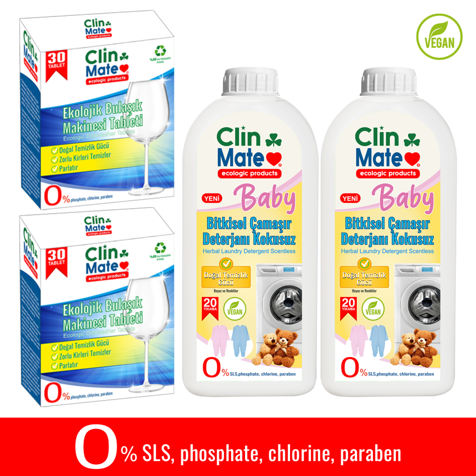 4'lü set Ekolojik Bulaşık Tableti 30 lu 2 adet ve Bitkisel BEBEK Çamaşır Deterjanı 750ml 40yk 2 adet