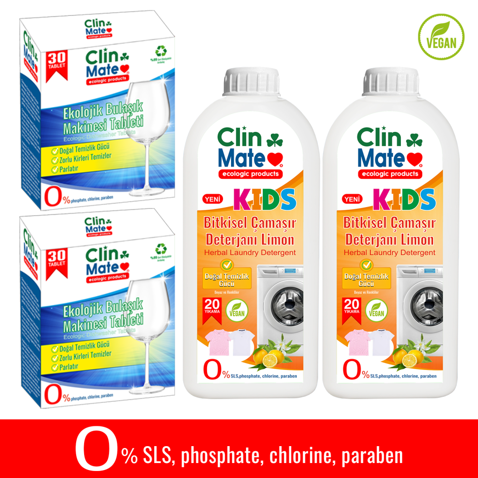 4'lü Set Ekolojik Bulaşık Tableti 30 Yk 2 adet -Bitkisel ÇOCUK Çamaşır Deterjanı 750 ml 40 Yk 2 adet