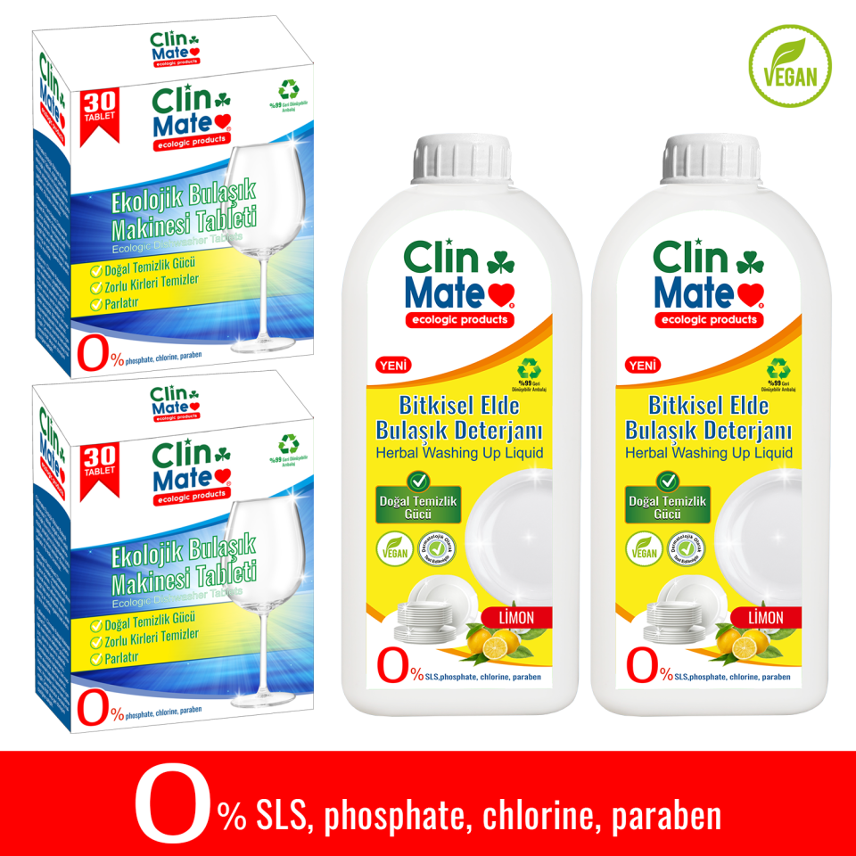 4'lü Set Ekolojik Bulaşıl Tableti 30 yk 2 adet + Bitkisel Elde Bulaşık Deterjanı LİMON 750 ml 2 adet