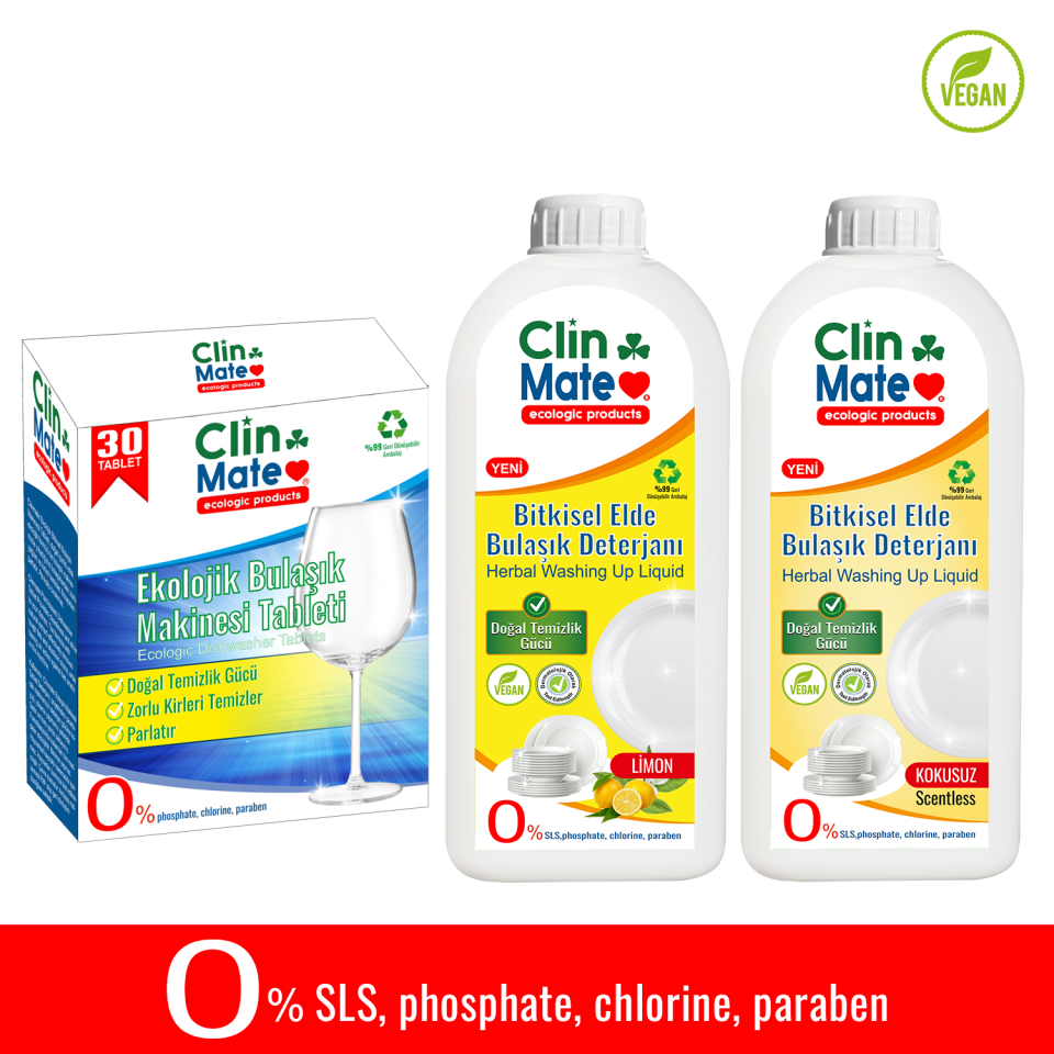 3'lü Set Ekolojik Bulaşıl Tableti 30 yk + Bitkisel Elde Bulaşık Deterjanı LİMON ve KOKUSUZ 750 ml