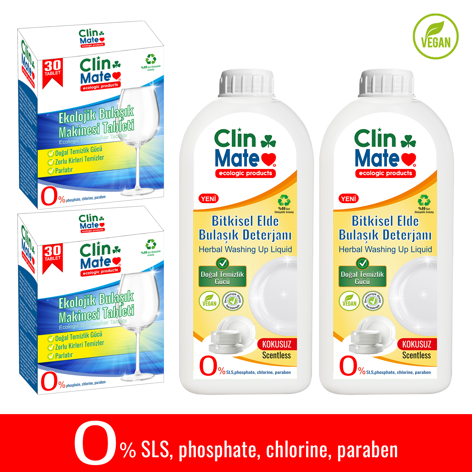 4'lü Set Ekolojik Bulaşıl Tableti 30 yk 2 adet+Bitkisel Elde Bulaşık Deterjanı KOKUSUZ 750 ml 2 adet