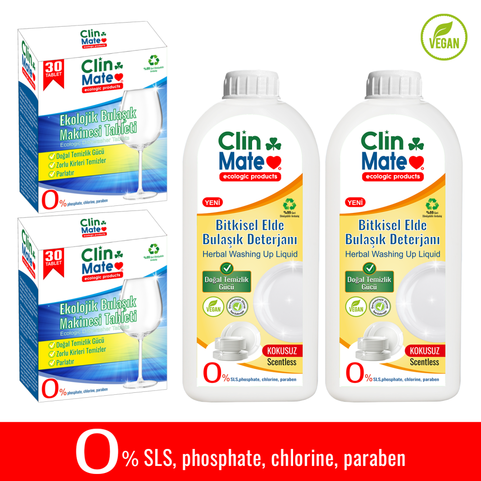 4'lü Set Ekolojik Bulaşıl Tableti 30 yk 2 adet+Bitkisel Elde Bulaşık Deterjanı KOKUSUZ 750 ml 2 adet