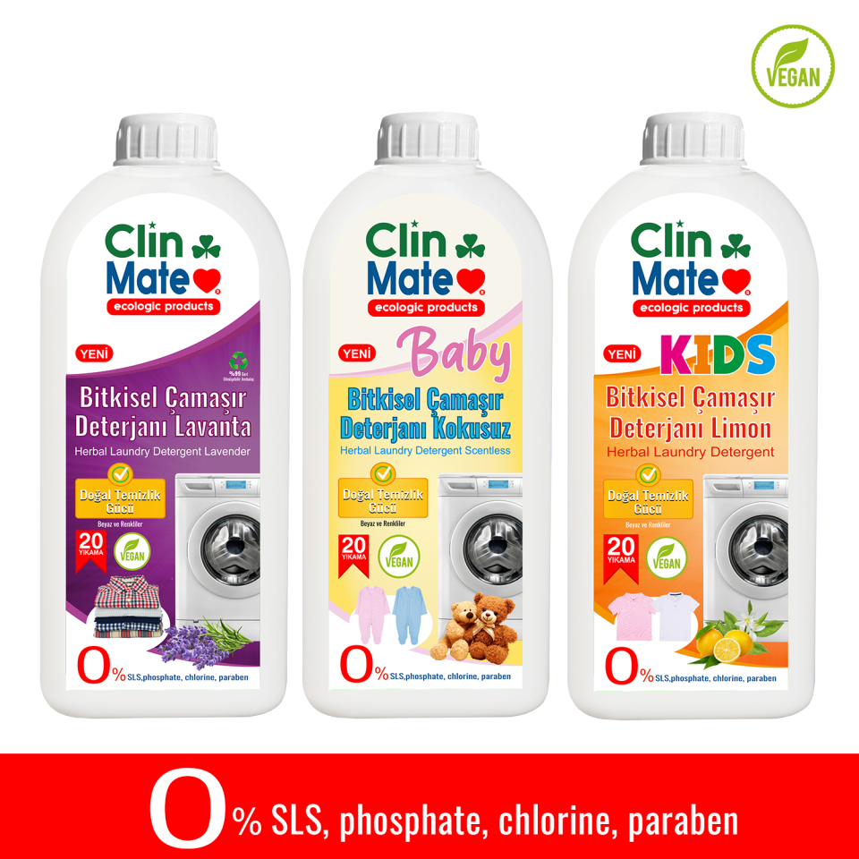 3'lü Set Bitkisel Çamaşır Deterjanı LAVANTA, BEBEK VE ÇOÇUK DETERJANI LİMON 750 ml 60 YK