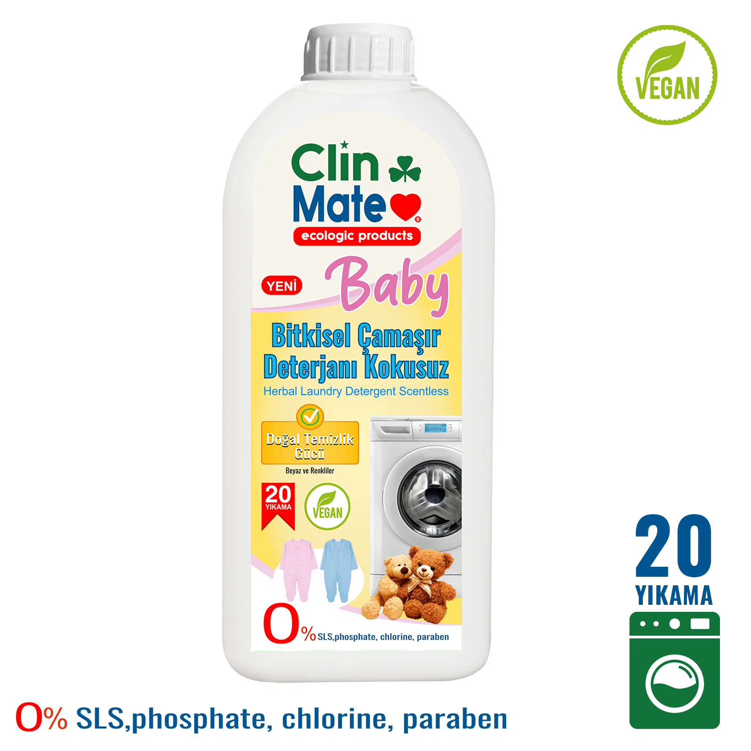 Yeni Clinmate Ekolojik Baby Bitkisel Bebek Çamaşır Deterjanı KOKUSUZ 750 ml 20 yk