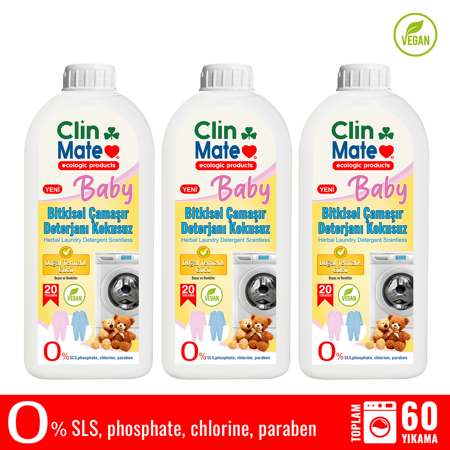 3'lü Set  Clinmate Ekolojik Baby Bitkisel Bebek Çamaşır Deterjanı KOKUSUZ 750 ml 60 yk