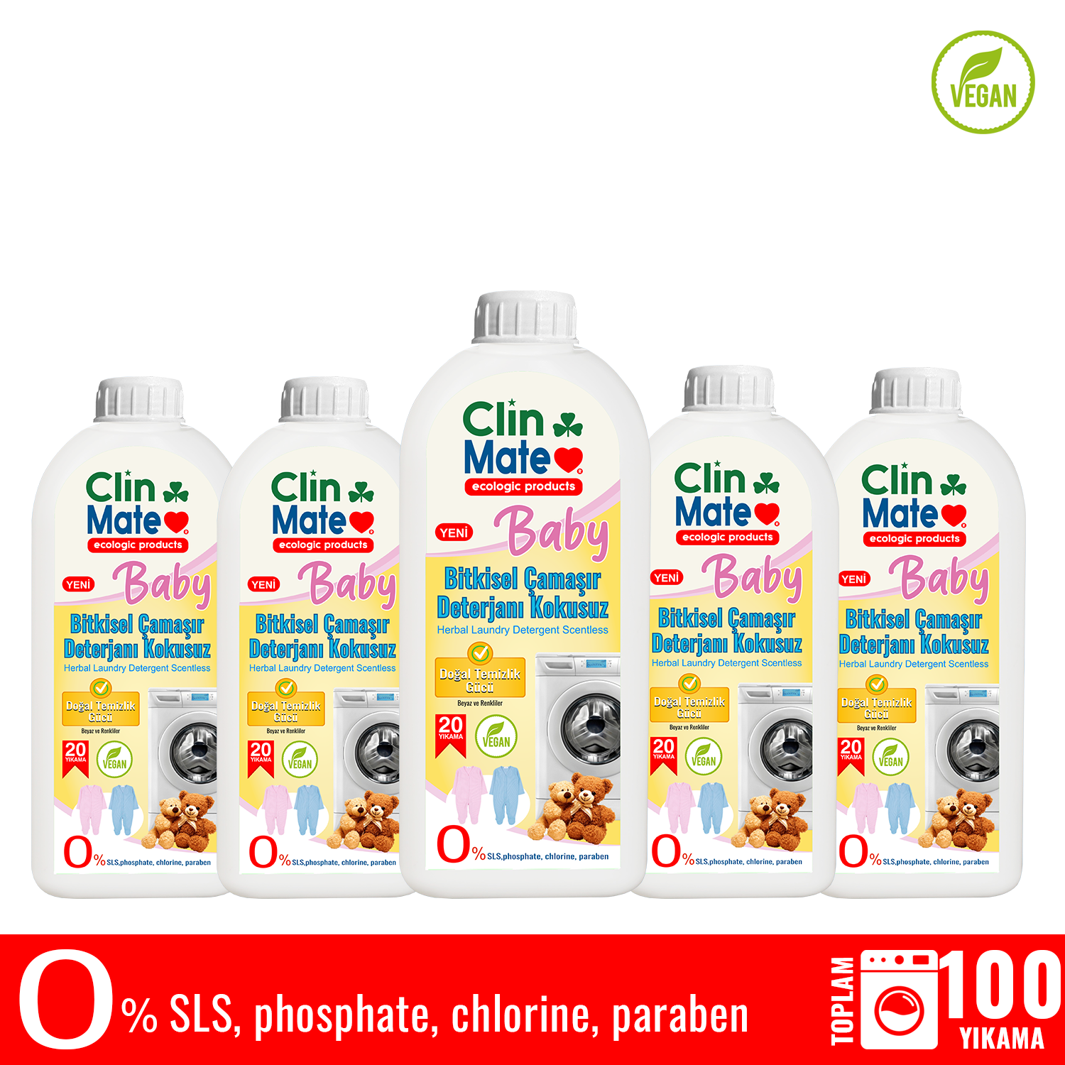 5'li Set Yeni Clinmate Ekolojik Baby Bitkisel Bebek Çamaşır Deterjanı KOKUSUZ 750 ml 100 yk