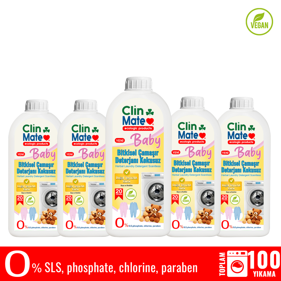 5'li Set Yeni Clinmate Ekolojik Baby Bitkisel Bebek Çamaşır Deterjanı KOKUSUZ 750 ml 100 yk