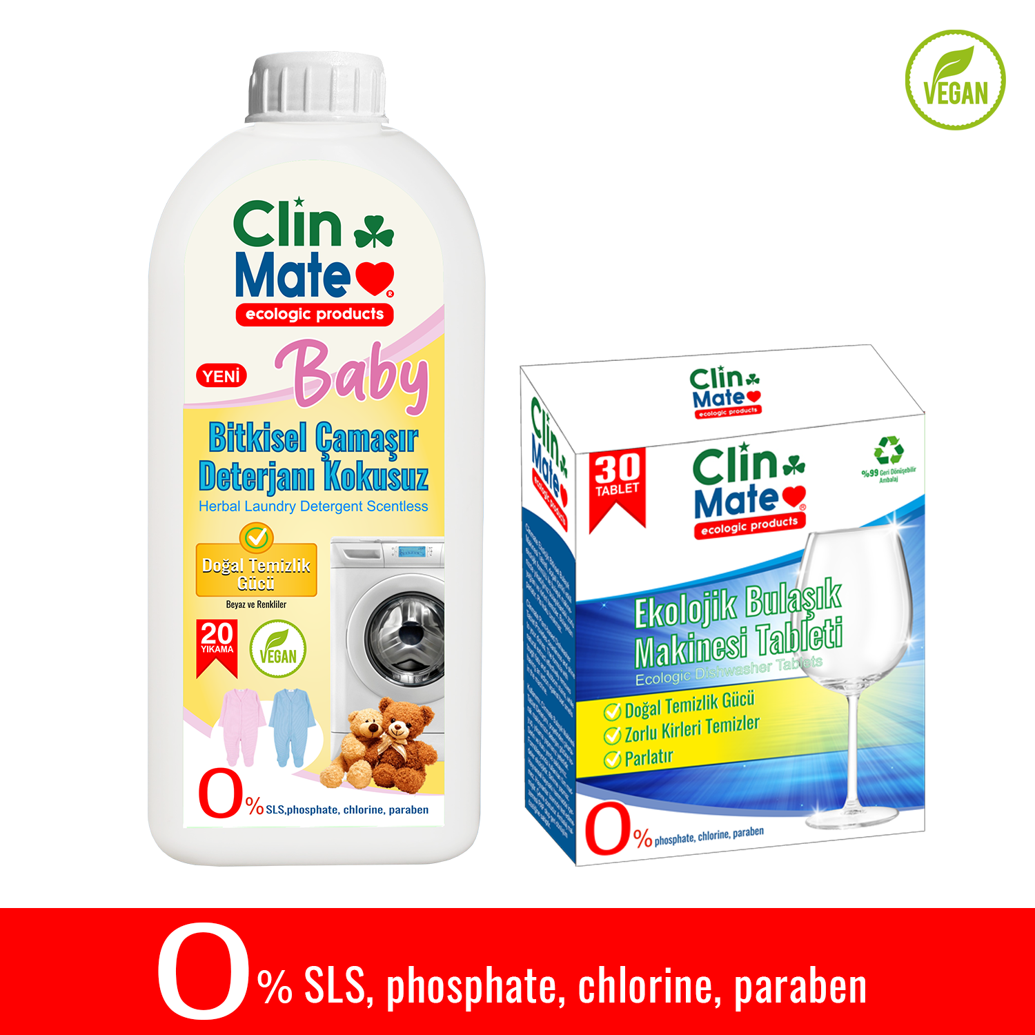 2'li set Bitkisel BEBEK Çamaşır Deterjanı KOKUSUZ 750 ml 20 yk + Ekolojik Bulaşık Tableti 30'lu