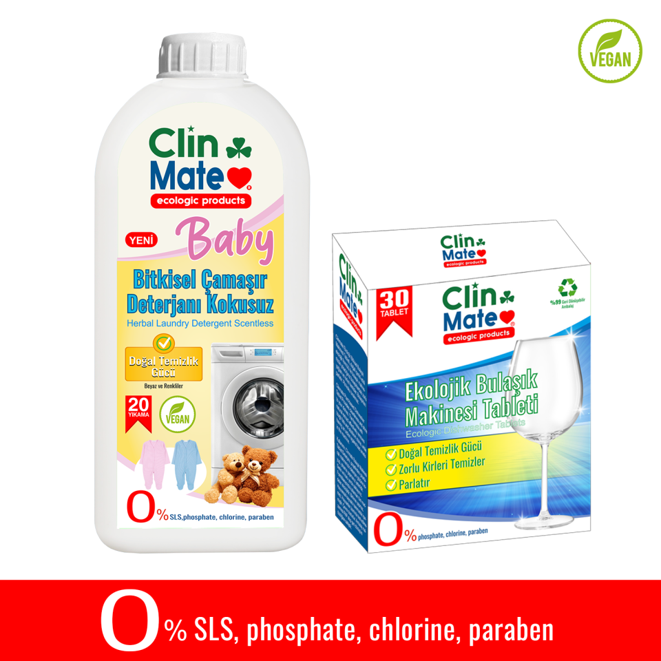 2'li set Bitkisel BEBEK Çamaşır Deterjanı KOKUSUZ 750 ml 20 yk + Ekolojik Bulaşık Tableti 30'lu