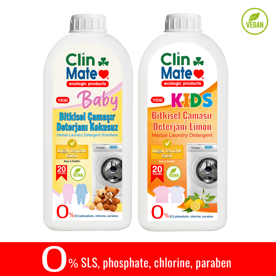 2'li Set Yeni Baby Bitkisel Bebek Çamaşır Deterjanı KOKUSUZ + ÇOCUK Deterjanı LİMON 750 ml 40 yk