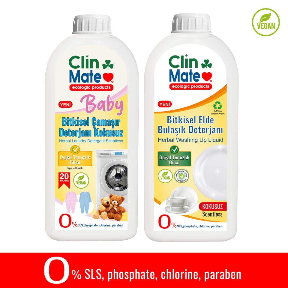 2'li Set Yeni Baby Bitkisel Bebek Çamaşır Deterjanı KOKUSUZ + Elde Bulaşık Deterjanı KOKUSUZ 750 ml