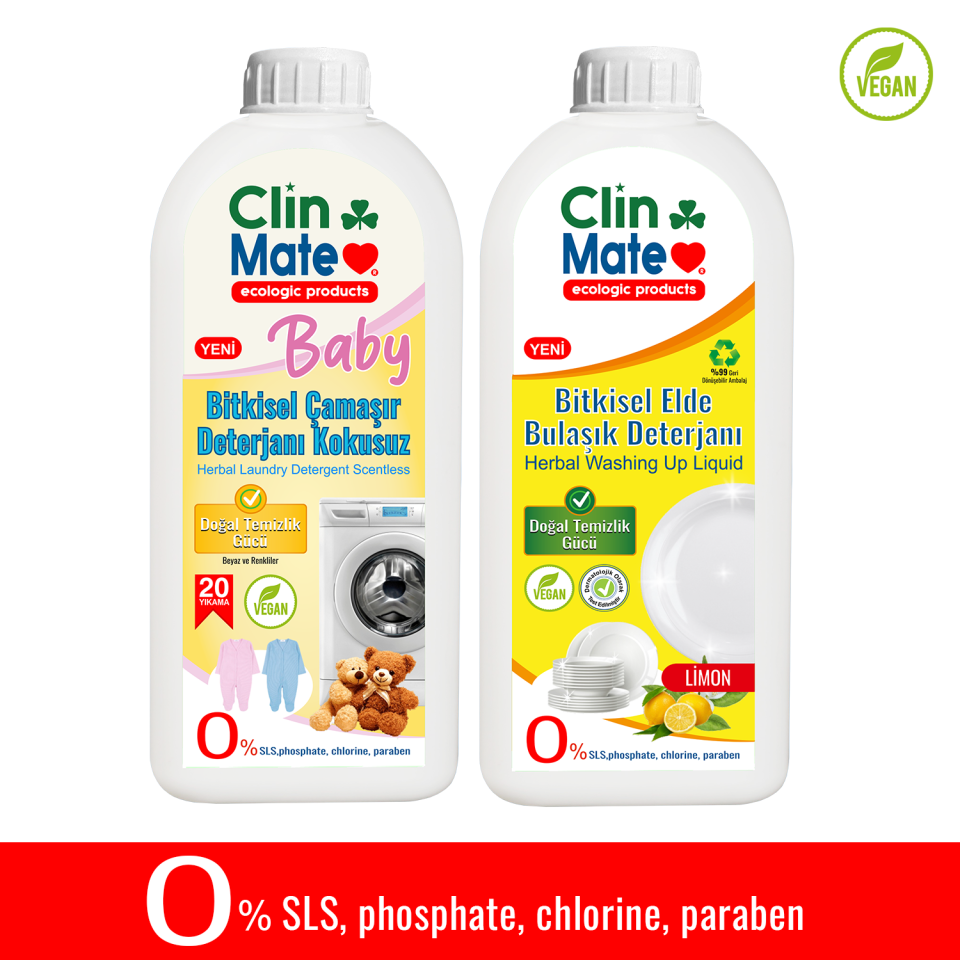 2'li Set Yeni Baby Bitkisel Bebek Çamaşır Deterjanı KOKUSUZ + Elde Bulaşık Deterjanı LİMON 750 ml