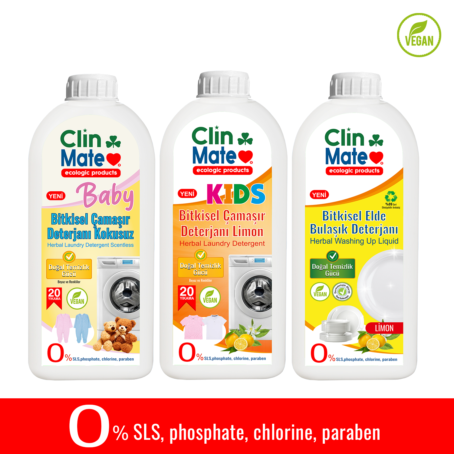 3'lü Set BABY Bitkisel Bebek Çamaşır Deterjanı Kokusuz+ ÇOCUK Deterjanı + Elde Bulaşık LİMON 750 ml