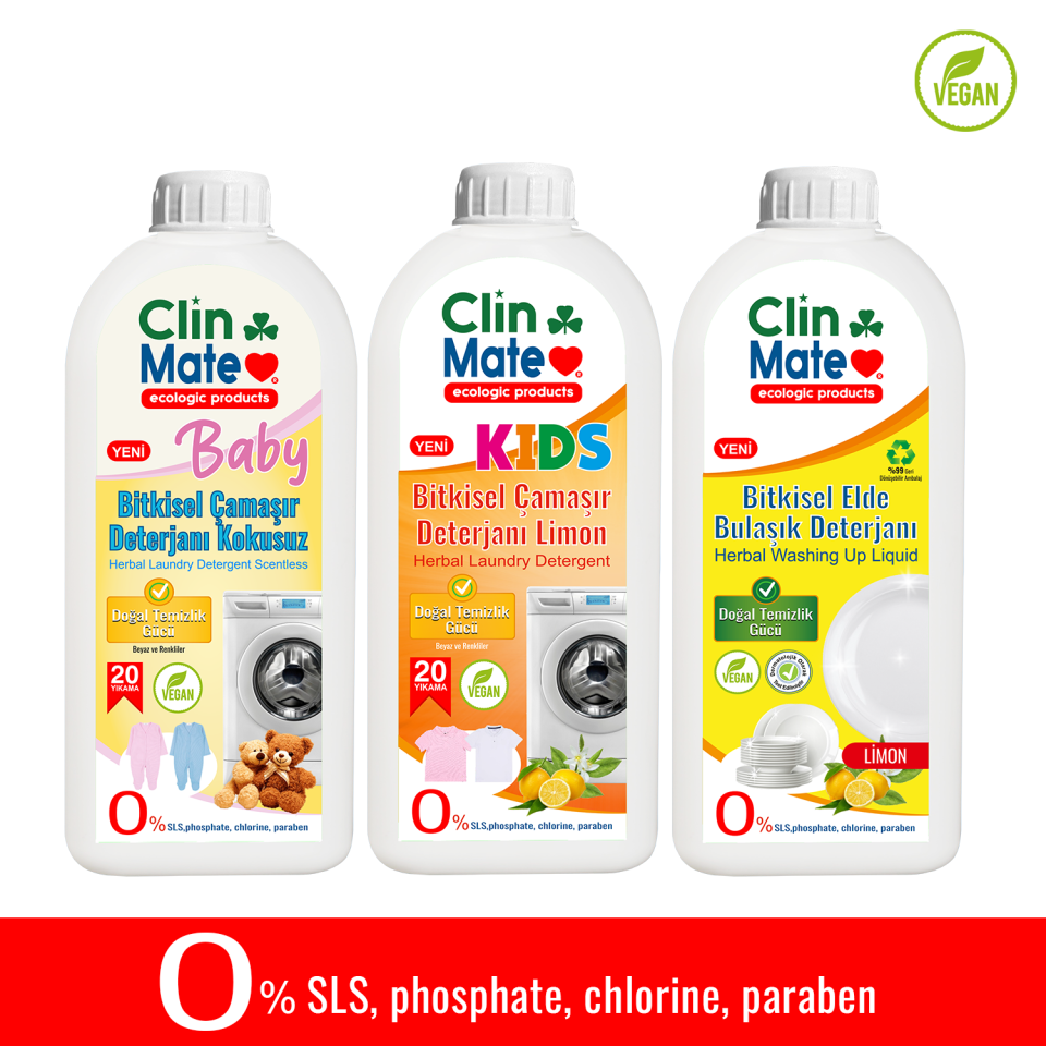 3'lü Set BABY Bitkisel Bebek Çamaşır Deterjanı Kokusuz+ ÇOCUK Deterjanı + Elde Bulaşık LİMON 750 ml