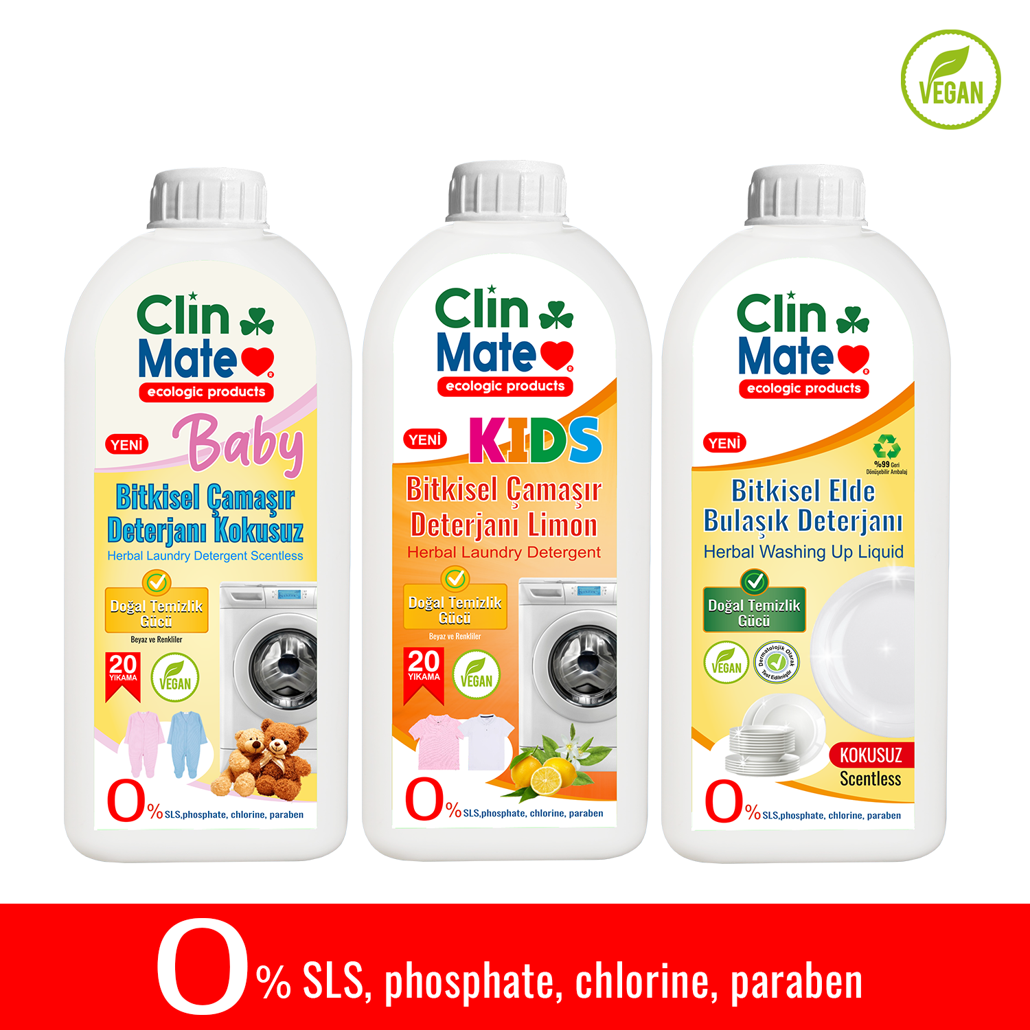 3'lü Set BABY Bitkisel Bebek Çamaşır Deterjanı Kokusuz+ ÇOCUK Deterjanı + EldeBulaşık KOKUSUZ 750 ml