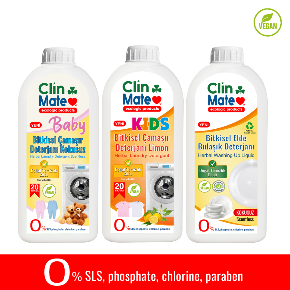 3'lü Set BABY Bitkisel Bebek Çamaşır Deterjanı Kokusuz+ ÇOCUK Deterjanı + EldeBulaşık KOKUSUZ 750 ml