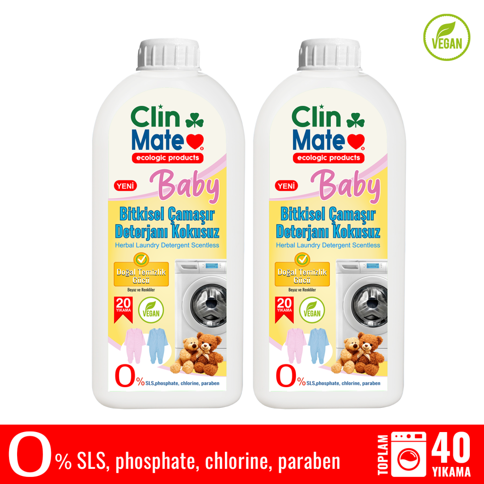 2'li set Yeni Clinmate Ekolojik Baby Bitkisel Bebek Çamaşır Deterjanı KOKUSUZ 750 ml 40 yk