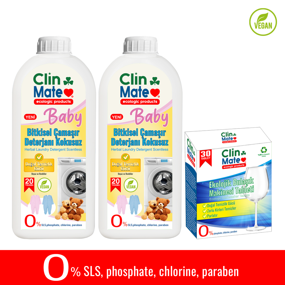 3'lü Set BABY Bitkisel BEBEK Çamaşır Deterjanı KOKUSUZ 750 ml 2 adet+ Ekolojik Bulaşık Tableti