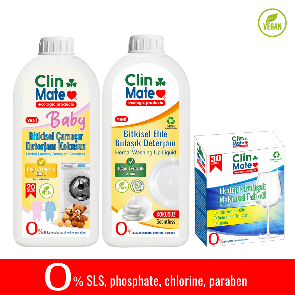 3'lü Set BABY Bitkisel BEBEK Çamaşır Deterjanı KOKUSUZ+ Ekolojik Bulaşık Tableti +Elde Bulaşık LİMON