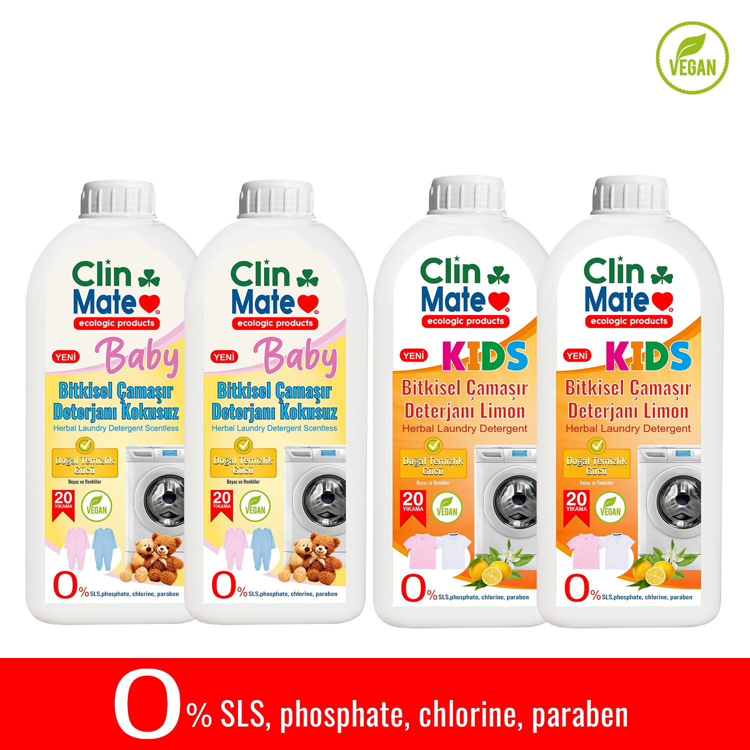 4'lüSet BABY Bitkisel BEBEK Çamaşır Deterjanı KOKUSUZ 750 ml 2adet+ ÇOCUK Deterjanı 2 adet